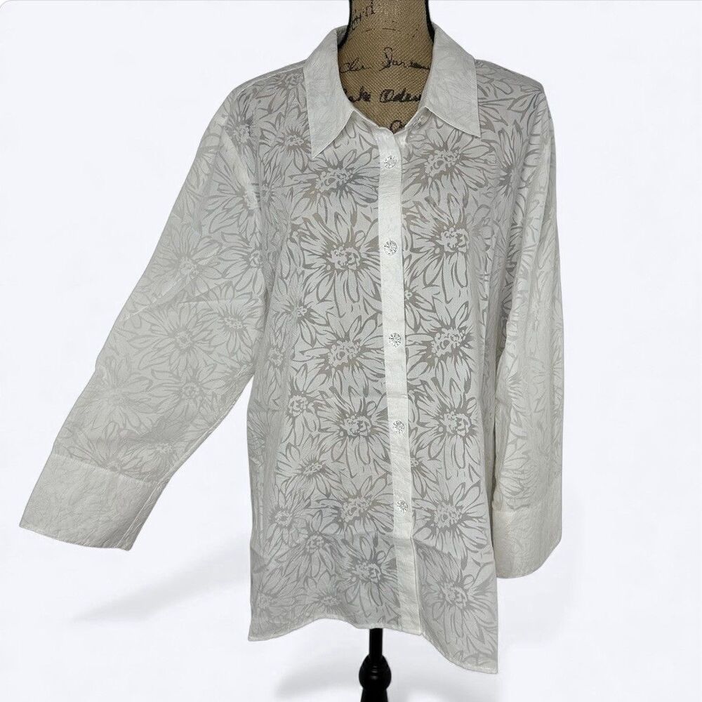Susan Graver Style Button Up Shirt Sz 2X White Sheer Floral Bling Layer Vacation